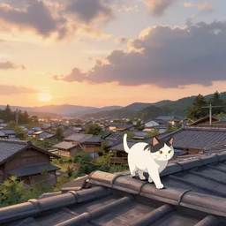 cats walking on rooftops, japanese village, sunset, cloudy, manga, hyperdetailed, artstation, cgsociety, 8 k