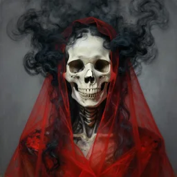 fashion portrait of a lady skull from heaven covered with black smoke and transparent red fabric, a painting by h. r giger, greg rutkowski. hyper detailed portrait.