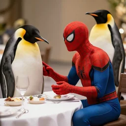 photo spider man in a romantic dinner with an emperor penguin