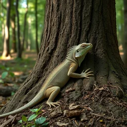 lizard human resting against a tree, photograoh captured in the woods