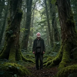 old man waiting for you in the forest, mossy forest, mystical, ancient, light from above, fantasy