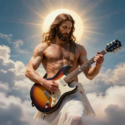 a photo Jesus Christ with big muscles playing electric guitar in heaven