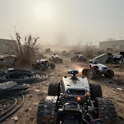 a first person view of some broken wheeled robots, desaturated colors, in a scrap yards of robots, large electric sparks, shiny metallic paint, metal cemetery, dried up bushes, polluted land, cables stacked on the ground, dust bowl, heat haze mirage, blinding sun, dust storm in the horizon, reporter, live footage, canon lens, defocus, kodak