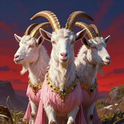 highly detailed portrait of a three - headed goat wearing golden crown and pink dress, stephen bliss, unreal engine, fantasy art by greg rutkowski, rhads, ferdinand knab, makoto shinkai and lois van baarle, ilya kuvshinov, rossdraws, tom bagshaw, global illumination, radiant light, red blue theme, meadow