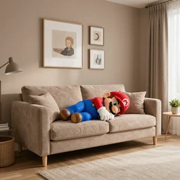 bedroom with earth tones interior, super mario sleeping on the couch