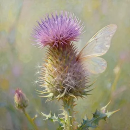 a beautiful fairytale painting of a cute thistle seed fairy, a fairy made out of a thistle seed. the thistle seed is her body. dreamy beautiful painting by artgerm and greg rutkowski and alphonse mucha