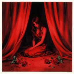 maciej kuciara art deco style of a lonely woman, surrounded by red curtains, red roses on the ground, dark enlightenment, sad, dystopian, behind the scene, by rokas aleliunas and zdzisław beksinski, 8 k, red and black, storyboard art, ink drawing, smooth, sharp focus, vibrant volumetric dark