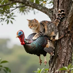 a cat riding a turkey gliding down from a tall tree, photo realistic, realistic lighting, a cat riding a turkey, hyper realistic, highly detailed