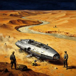 the crash site by guido borelli da caluso and ivan shishkin and zacharias aagaard and simon stalenhag and escher, spaceship in a dry river bed, barren desert landscape, chiaroscuro, tonalism, sfumato, high saturation, high contrast, vibrant, highly intricate details, dusty