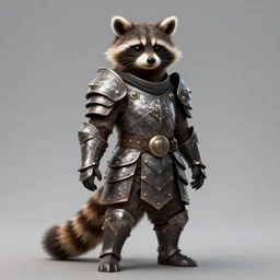 Full-length portrait of a raccoon humanoid wearing heavy armor. Dark fantasy, digital art, HD, detailed.