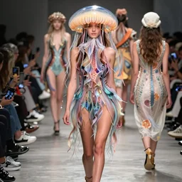 a model wearing a jellyfish dress walking the catwalk wearing a giant jellyfish hat by anny leibovitz, greg rutkowski, paolo roversi, ( ( ( mucha ) ) ) ( ( ( iris van herpen ) ) ), low shot