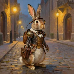 a beautiful painting of an elegant steampunk rabbit on a street paved with cobblestones and warm streetlights, by James Gurney and Thomas Kinkade and Ralph Horsley