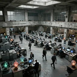 an enormous busy spacious SCP (Secure. Contain. Protect) agency hall interior in brutalist restrained sovietpunk cold war aesthetics inspired by CIA FSB NSA KGB GRU, orderly depressed office workers in formal clothing are busily walking past office equipment and containers with strange eerie varied bioluminiscent metallic artifacts, extremely high detail, photorealistic, eeriewave, brutalpunk, cinematic lighting, trending on ArtStationHQ, DSLR, Nikon