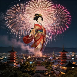 fireworks, japanese goddess in the air, by kyoto animation, insanely detailed. instagram photo, kodak portra. by wlop, ilya kuvshinov, krenz cushart, greg rutkowski, pixiv. zbrush sculpt, octane, maya, houdini, vfx. huge ancient japan cityscape. cinematic dramatic atmosphere, sharp focus, volumetric lighting