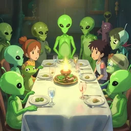alien dinner party. all characters are aliens. soft lens, soft light, cel - shading, animation, in the style of cgsociety, deviantart, artstation, zbrush, cinema 4 d, studio ghibli, akihiko yoshida, atelier lulua, masamune shirow