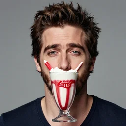 jake gyllenhaal's face fused with a millshake cup with a red and white staw ( ( white milkshake jake gyllenhaal face ) ), jake gyllenhaal sentient milkshake, by greg rutkowski