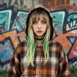 highly detailed portrait of a cloudpunk young seattle lady, tartan hoody, by atey ghailan, by greg rutkowski, by greg tocchini, by james gilleard, by joe fenton, by kaethe butcher, gradient green, brown, blonde crea, orange, brown and white color scheme, grunge aesthetic!!! ( ( graffiti tag wall background ) )