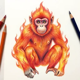 Colored pencil art on paper, Inferno Flame Monkey, highly detailed, artstation, MasterPiece, Award-Winning, Caran d'Ache Luminance