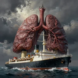 hyper detailed painting of a ship being sunk by a giant lung