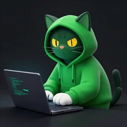 a hacker cat, green hoodie accomplished look, dark background, sitting at a laptop, terminal console on screen, shadows, matte painting, bold shapes, hard edges, octane render, unreal engine