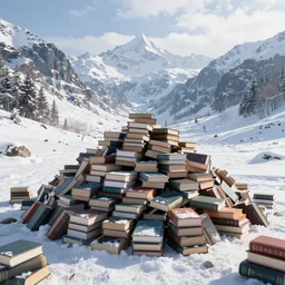 a huge pile of books on the middle of a valley in winter, incredible detail, volumetric light, unreal engine