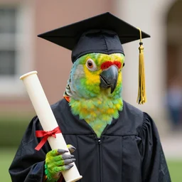 a parrot wearing a graduation gown and cap, holding a diploma in its beak, photorealistic