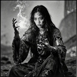 grunge distresses vintage bw photo, of a cyberpunk cyborg shaman doing magic