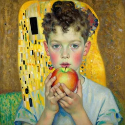 high detailed oil painting boy with apple painted by gustav klimt