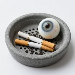 ashtray with cigarettes and a human eyeball in it