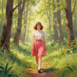 centre portrait of a girl walking through forest!!, spring, early morning, symmetry, retro 8 0 s style, colourful, accurate, realistic illustration, art by peter elson