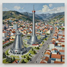 Nuclear Breeder Reactors integrated with the town of Quito by Simon Stålenhag and Vincent Callebaut, oil on canvas; Art Direction by Adam Adamowicz; 4K, 8K; Ultra-Realistic Depth Shading