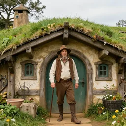 a hobbit in his home at the shire, fantasy hi quality 4 k render,