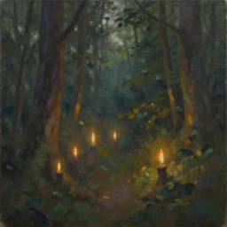 forest hiding pagan ritual lights, oil on canvas