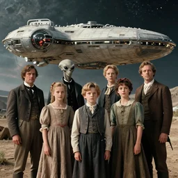 sharp, 35mm still from a sci fi blockbuster color movie made in 2022, set in 1860, of a family standing in front of a spaceship that has just landed on an alien planet, a humanoid alien creature stands nearby, the family are all wearing 1850s era clothes, 4k, in focus, extremely good quality lighting, good quality photography, nice faces, A list cast, famous actors, famous actresses, oscar winner
