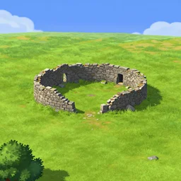empty grass field with the ruins of a old small circular stone cottage in the center, at midday, from a point and click 2 d graphic adventure game, art inspired by thomas kinkade, king's quest, sierra entertainment games