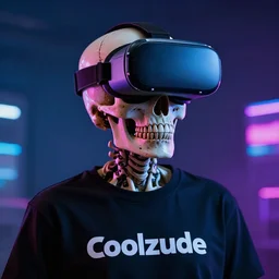 a skull with a vr headset in a cyberpunk aesthetic, 4 k, with the word coolzude written on a shirt it's wearing