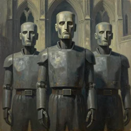 three brutalist giant sacred robots visage, portrait, judge, guards, cathedral, dystopian, pj crook, edward hopper, oil on canvas