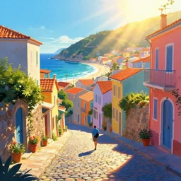 a lonely cobblestone street on a hill with colorful houses near the beach and the sea, brightly illuminated by rays of sun, artstation, colorful sylvain sarrailh illustration