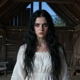 Hyper realistic detailed pîcture of a Paludnitsa! inside a dark barn. Perfect face, beautiful, white dress, menacing, melancholic, long black hair, blue sky, highly detailed, sharp focus, digital painting, art by Denis Villeneuve, detailed and intricate environment, highly detailed, award winning.