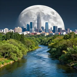 a city on the moon with trees. river in the foreground. ocean in the background