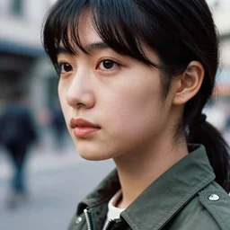 ektachrome, 3 5 mm, highly detailed : incredibly realistic, demure, perfect features, tied back, beautiful three point perspective extreme closeup 3 / 4 portrait photo in style of chiaroscuro style 1 9 8 0's flight suit cosplay rome seinen manga street photography vogue italia fashion edition
