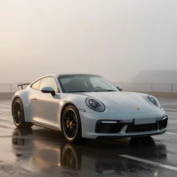 parked  Porsche sports car, fog, rain, volumetric lighting, beautiful, golden hour, sharp focus, highly detailed, cgsociety