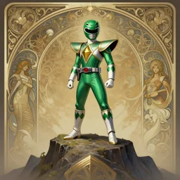 power rangers theme, green ranger standing on top of a mountain , deep focus, D&D, fantasy, intricate, elegant, highly detailed, digital painting, artstation, concept art, matte, sharp focus, illustration, hearthstone, art by Artgerm and Greg Rutkowski and Alphonse Mucha