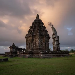 the ruins of ancient stone temples on a grassy peninsula at dusk as the hurrican clears with beautiful clouds