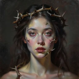 a beautiful woman with thorns growing from her face, painted by artgerm and tom bagshaw, fantasy art, dramatic lighting, highly detailed oil painting