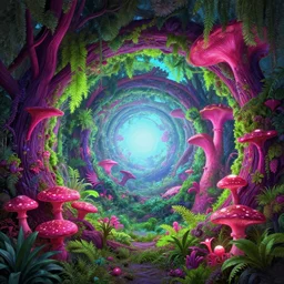 a circle portal structure built out of plants and mushrooms ,trees, curves, arches, bright cyberpunk glow, epic surrealism, magenta, deep purple, lime green, hot pink, pale blue, Detailed digital matte painting in the style of simon stalenhag, Greg Rutkowski and Greg Hildebrandt artstation
