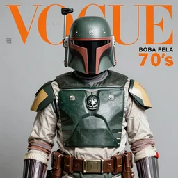 boba fett fashion in the 7 0's. studio photo. vogue magazine cover with text. highly detailed