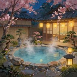 painting of private magical empty onsen next to japanese inn with levitating lanterns and flowers by greg rutkowski craig mullins ross tran mucha cozy hot springs bonsai zen garden steamy flowers japanese motifs concept art clear focus fantasy d & d cinematic lighting unreal engine lumen trending on artstation