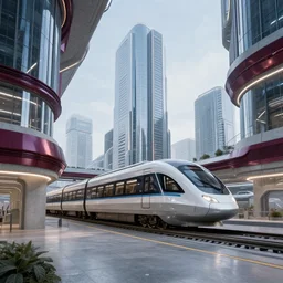 futuristic city center with maglev train station in background, modern landscape architectural design for industrialpunk concrete and glass, maroon metallic accents, gorgeous lighting, golden hour, cyberpunk, 2077, dramatic lighting and composition, photography, 8k, origin 100i, star citizen concept art, single line, golden ratio