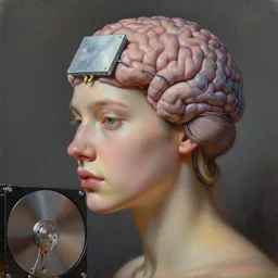 portrait of augmented human wearing an ai chip to increase brain functions, an hard disk of 2 tb to increase brain memory, by highly detailed oil painting, soft light 4 k, cinematic composition, cinematic lighting, sharp focus, masterpiece by artgem, bernie barnes and jenny saville